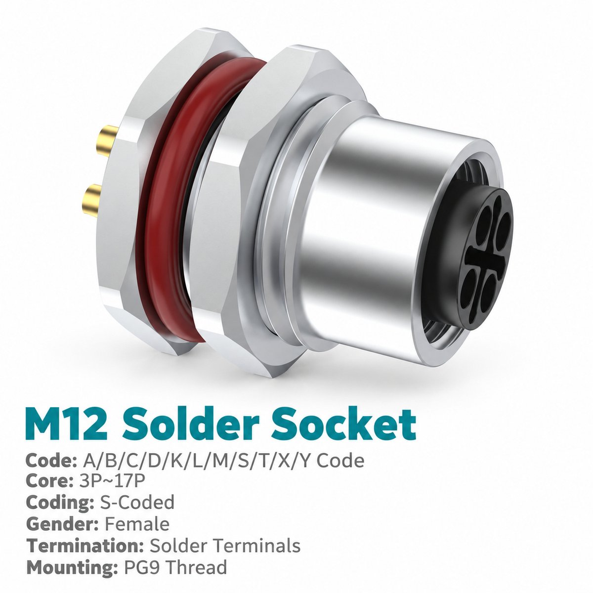 M12 S-Coded Female Front Mount Power Socket, 12A 630V, Solder or Crimp M12 S-Coded Female Front Mount Power Socket, 12A 630V, Solder or Crimp - Image 3