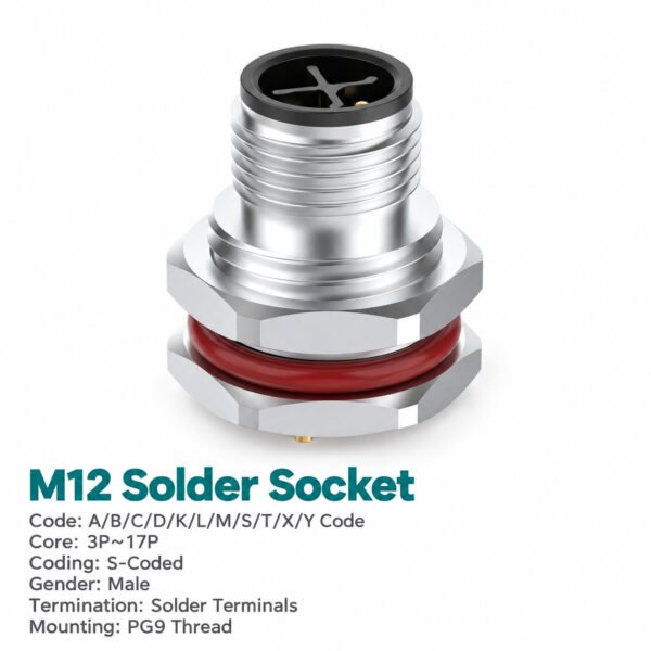 M12 S-Coded Male Front Mount Socket, Solder or Crimp, Unwired or Pre-Wired