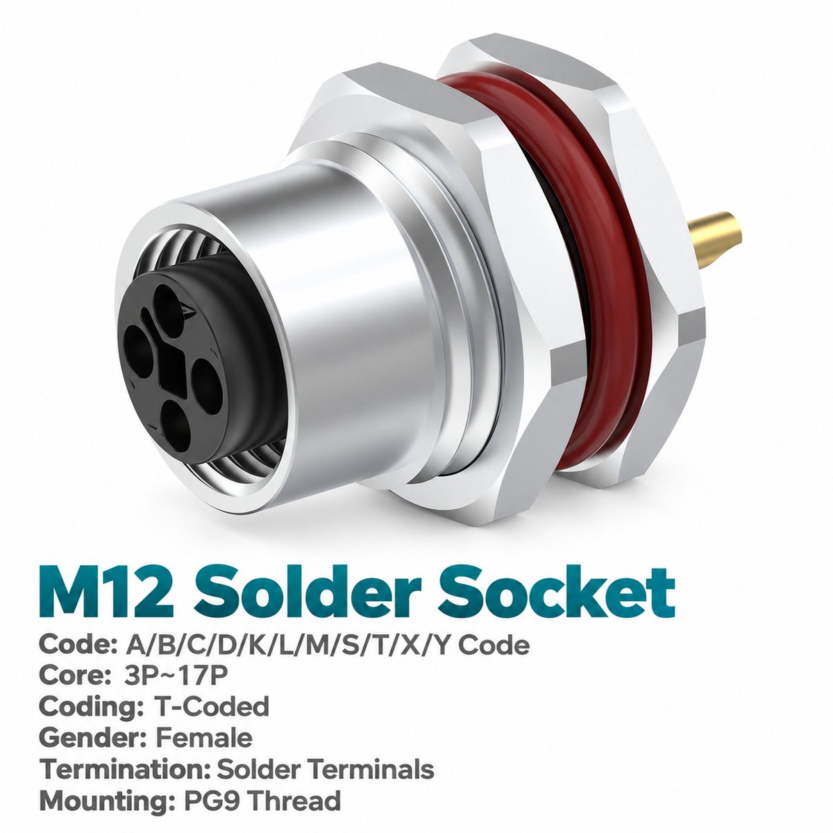 M12 T-Coded Female Front Mount DC Power Socket, 12A 60V, Solder or Crimp M12 T-Coded Female Front Mount DC Power Socket, 12A 60V, Solder or Crimp - Image 2