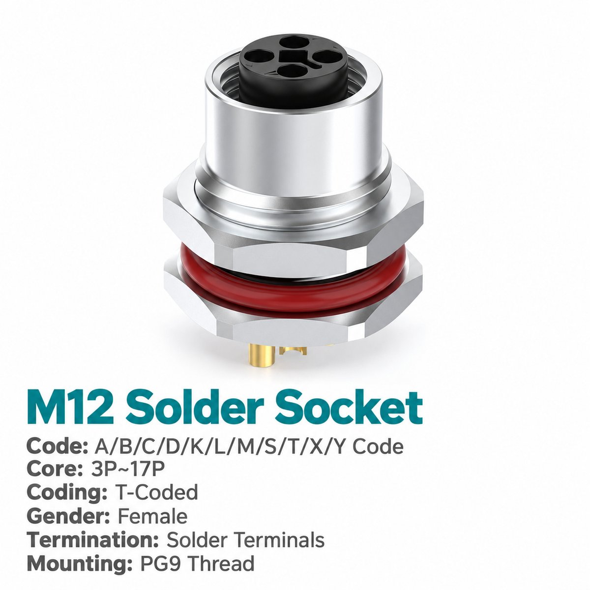 M12 T-Coded Female Front Mount DC Power Socket, 12A 60V, Solder or Crimp M12 T-Coded Female Front Mount DC Power Socket, 12A 60V, Solder or Crimp
