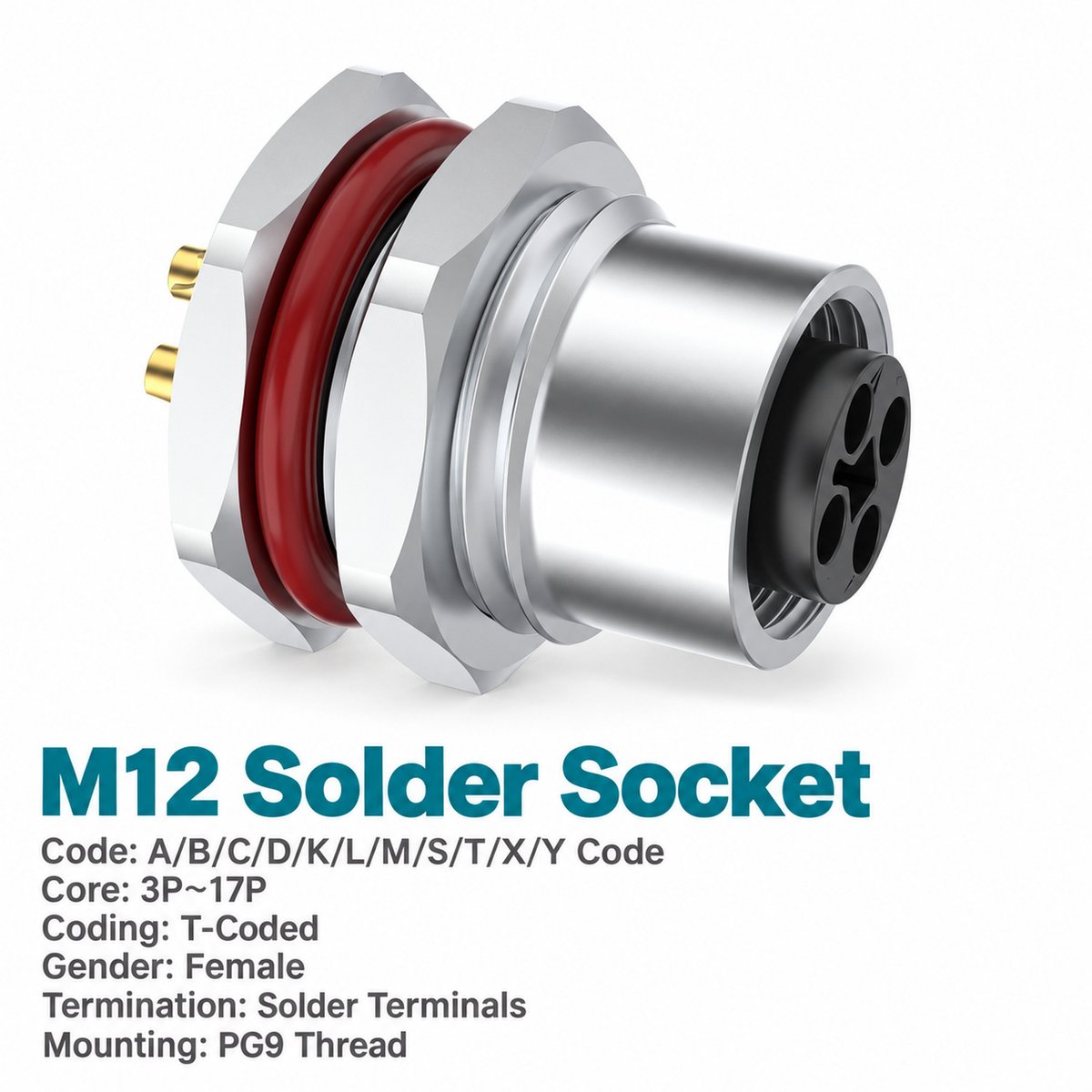 M12 T-Coded Female Front Mount DC Power Socket, 12A 60V, Solder or Crimp M12 T-Coded Female Front Mount DC Power Socket, 12A 60V, Solder or Crimp - Image 3