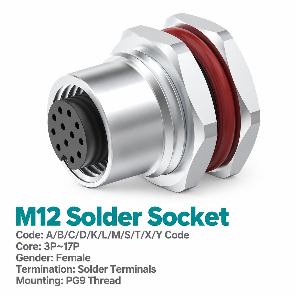 M12 A-Coded Female Front Mount Sensor Socket, 3–17 Pin, Unwired or Pre-Wired M12 A-Coded Female Front Mount Sensor Socket, 3–17 Pin, Unwired or Pre-Wired - Image 2