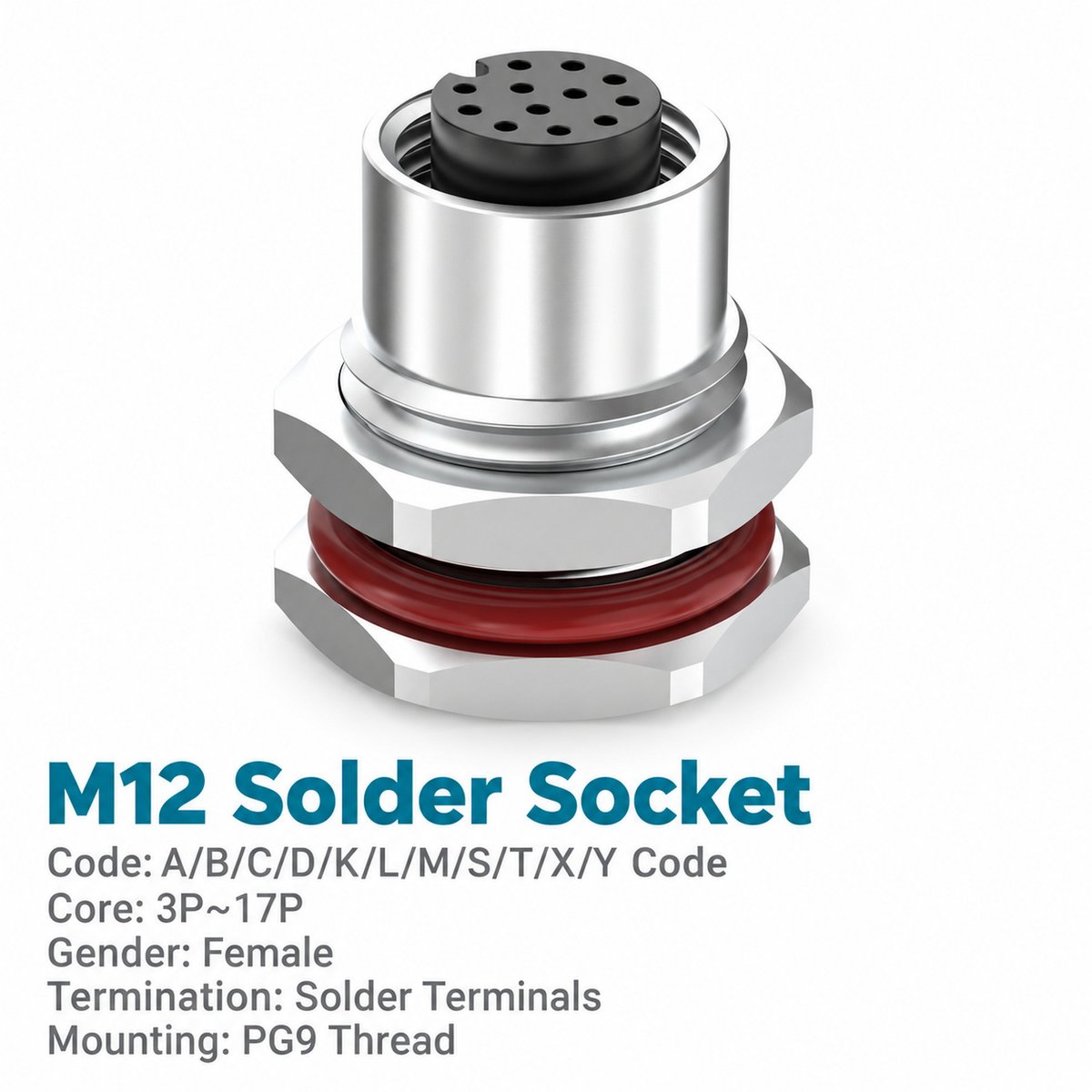 M12 A-Coded Female Front Mount Sensor Socket, 3–17 Pin, Unwired or Pre-Wired M12 A-Coded Female Front Mount Sensor Socket, 3–17 Pin, Unwired or Pre-Wired