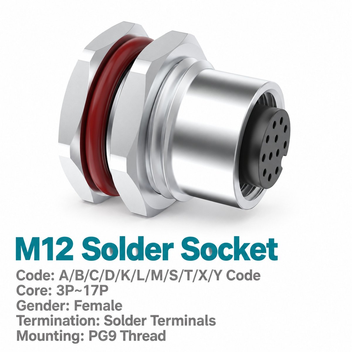 M12 A-Coded Female Front Mount Sensor Socket, 3–17 Pin, Unwired or Pre-Wired M12 A-Coded Female Front Mount Sensor Socket, 3–17 Pin, Unwired or Pre-Wired - Image 3