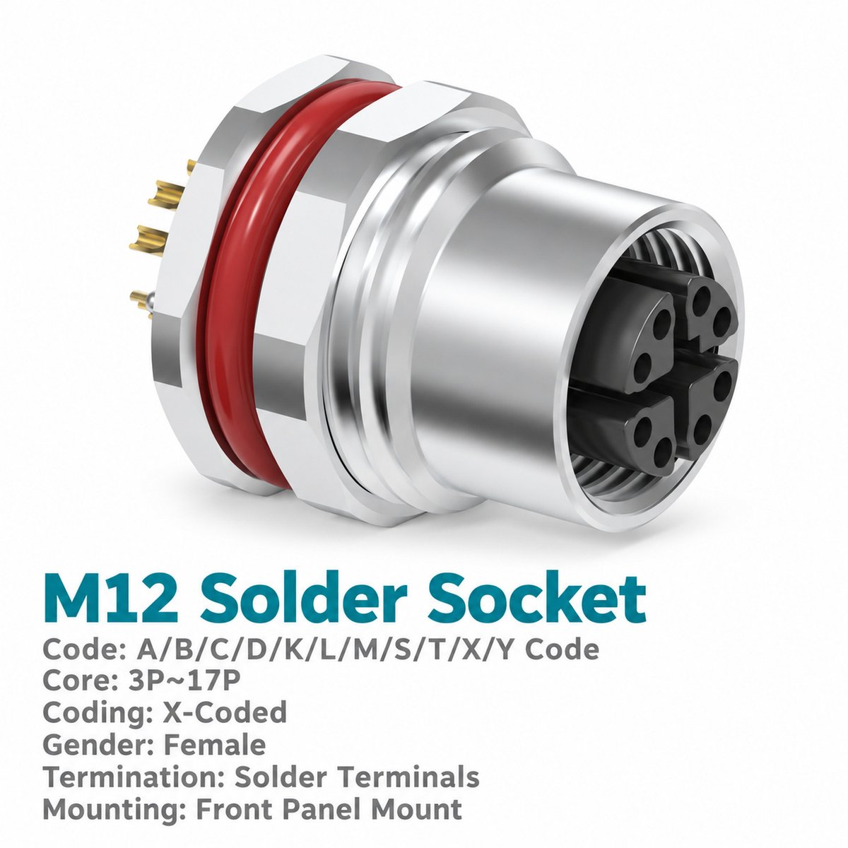 M12 X-Coded Female Front Mount Ethernet Socket, 8-Pin, Unwired or Pre-Wired M12 X-Coded Female Front Mount Ethernet Socket, 8-Pin, Unwired or Pre-Wired - Image 2