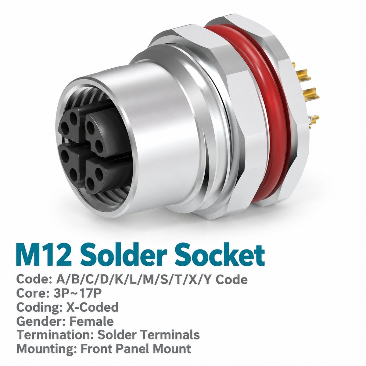 M12 X-Coded Female Front Mount Ethernet Socket, 8-Pin, Unwired or Pre-Wired M12 X-Coded Female Front Mount Ethernet Socket, 8-Pin, Unwired or Pre-Wired - Image 3