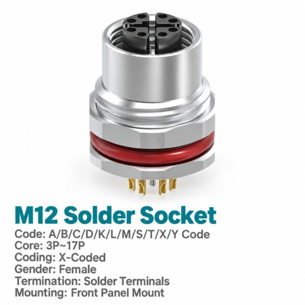 M12 X-Coded Female Front Mount Ethernet Socket, 8-Pin, Unwired or Pre-Wired