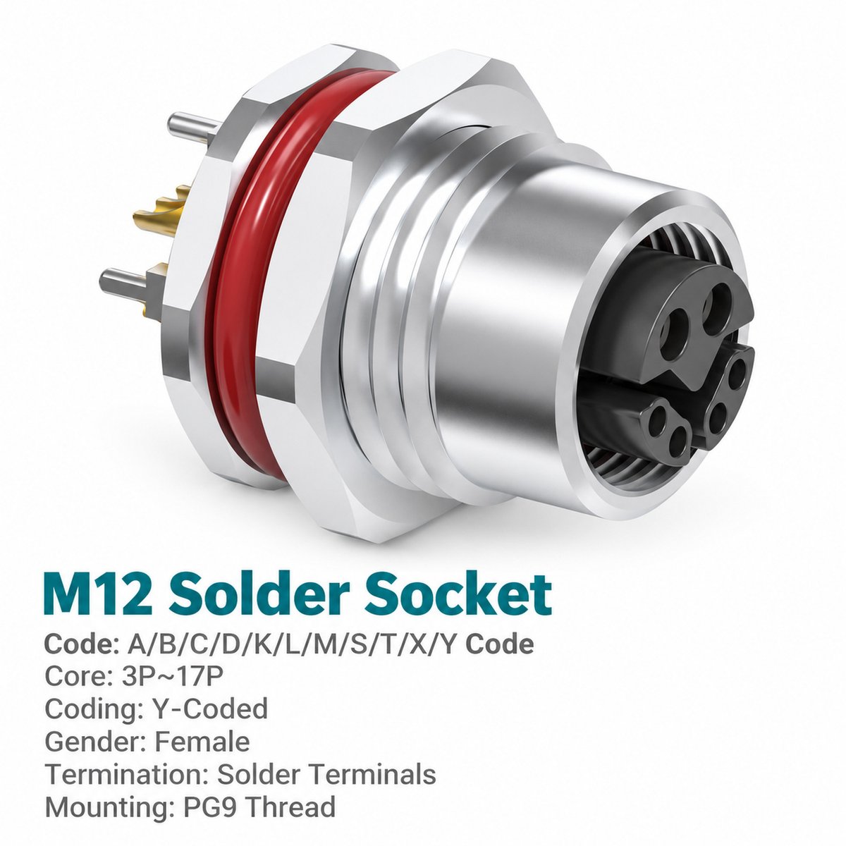 M12 Y-Coded Female Front Mount Hybrid Socket, Ethernet + Power, Y3/Y4 M12 Y-Coded Female Front Mount Hybrid Socket, Ethernet + Power, Y3/Y4 - Image 2