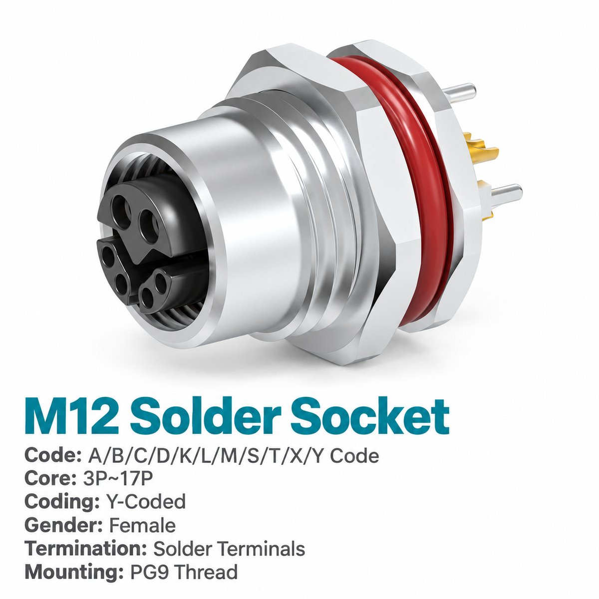 M12 Y-Coded Female Front Mount Hybrid Socket, Ethernet + Power, Y3/Y4 M12 Y-Coded Female Front Mount Hybrid Socket, Ethernet + Power, Y3/Y4 - Image 3