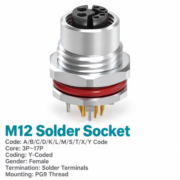 M12 Y-Coded Female Front Mount Hybrid Socket, Ethernet + Power, Y3/Y4