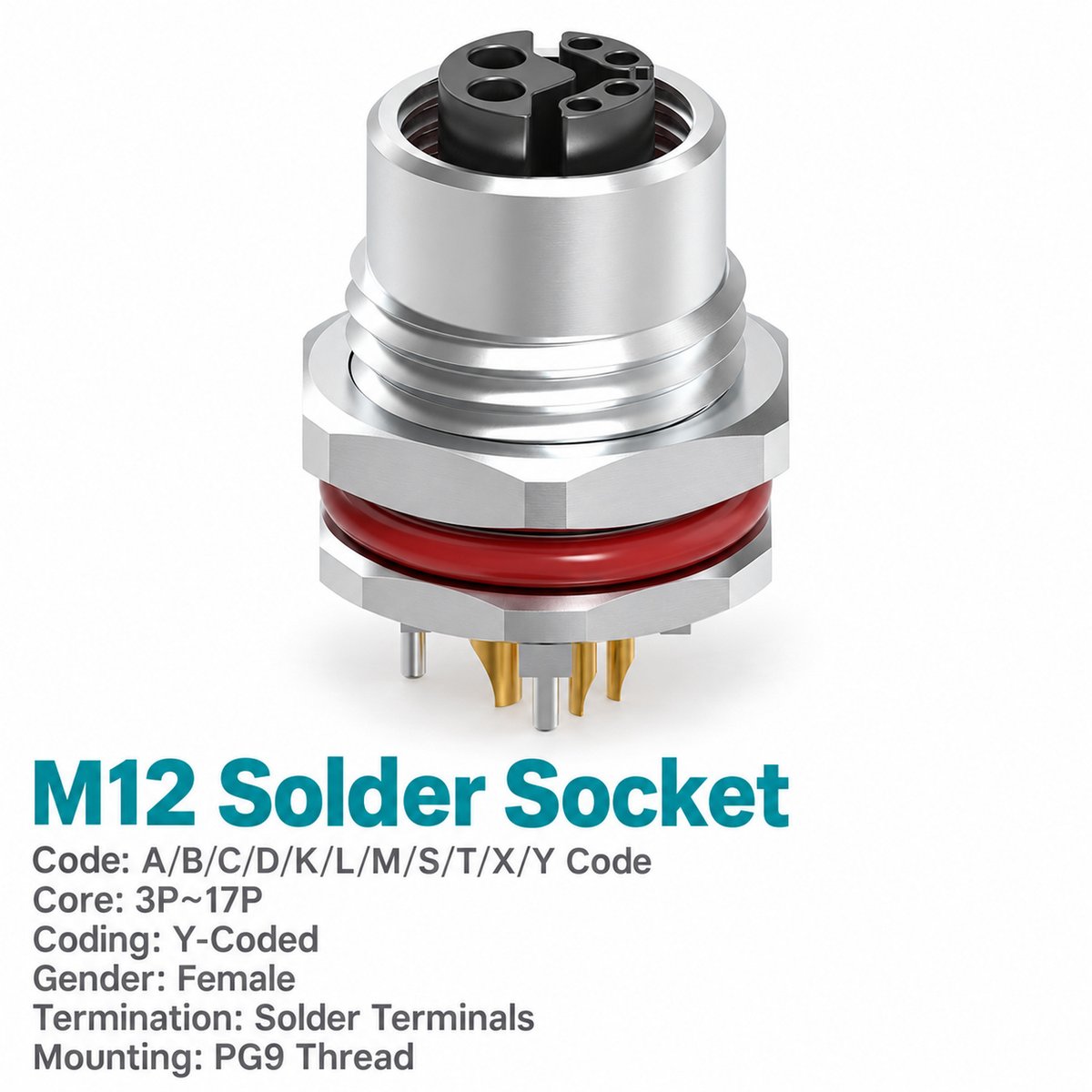 M12 Y-Coded Female Front Mount Hybrid Socket, Ethernet + Power, Y3/Y4 M12 Y-Coded Female Front Mount Hybrid Socket, Ethernet + Power, Y3/Y4