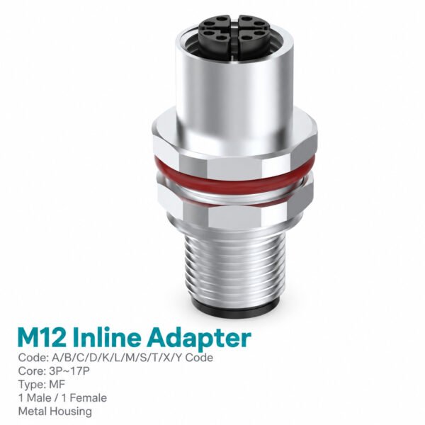 M12 I-Shape Shielded Female-to-Male Threaded Panel-Mount Adapter