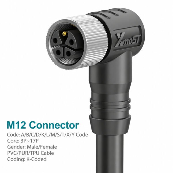 M12 K-Coded Female 90° Right-Angle Shielded AC Power Cable Connector