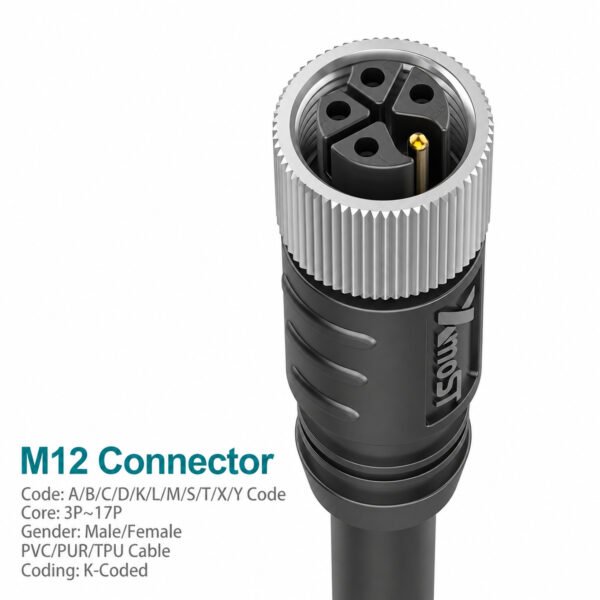 M12 K-Coded Female Straight Shielded AC Power Cable Connector