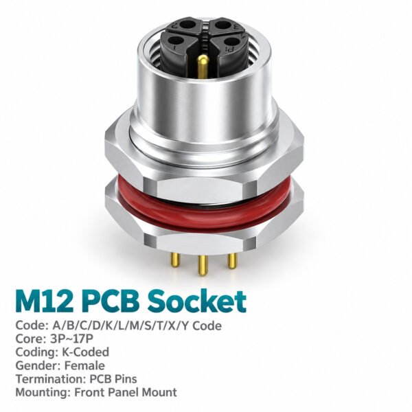 M12 K-Coded Female Front Mount PCB Power Socket, 16A 630V AC, 3–5 Pin
