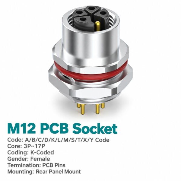 M12 K-Coded Female Rear Mount PCB Power Socket, 16A 630V AC, 3–5 Pin