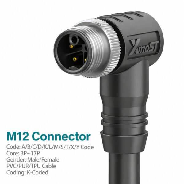 M12 K-Coded Male 90° Right-Angle Shielded AC Power Cable Connector