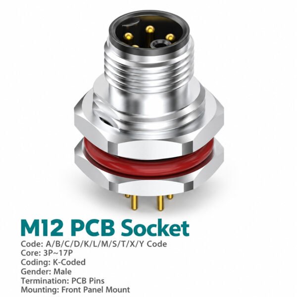 M12 K-Coded Male Front Mount PCB Power Connector, 16A 630V AC, 3–5 Pin