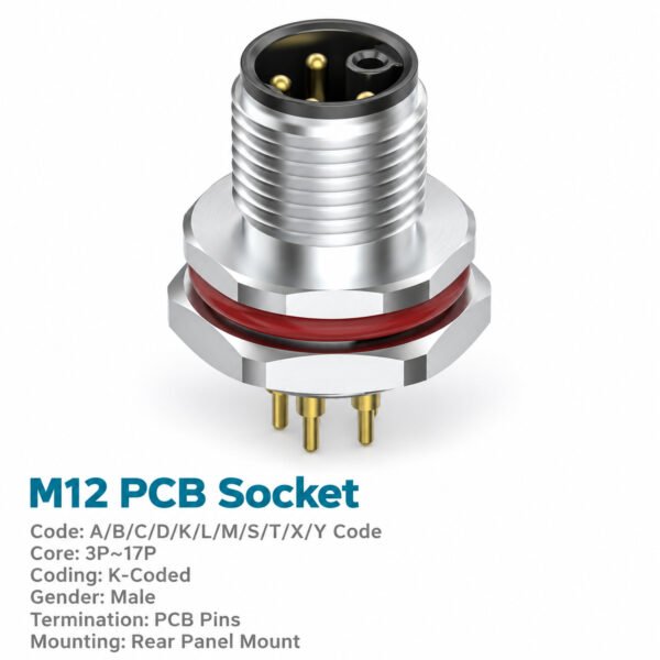 M12 K-Coded Male Rear Mount PCB Power Connector, 16A 630V AC, 3–5 Pin