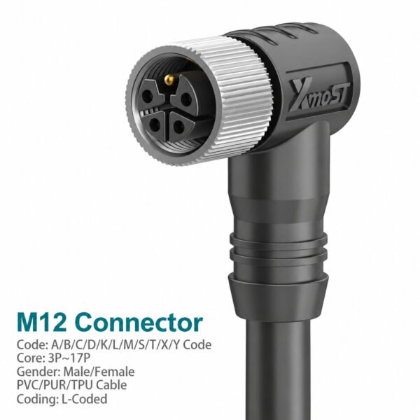 M12 L-Coded Female 90° Right-Angle Shielded DC Power Cable Connector