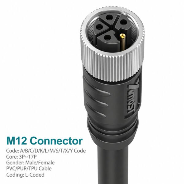 M12 L-Coded Female Straight Shielded DC Power Cable Connector
