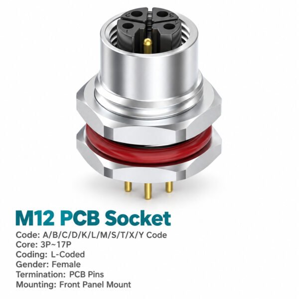 M12 L-Coded Male Front Mount PCB Power Connector, 16A 63V DC, FE Options