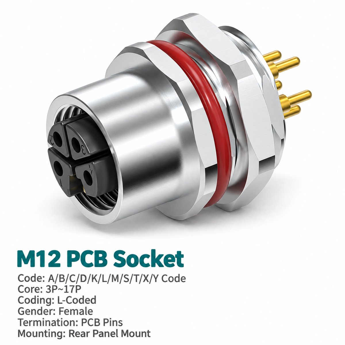 M12 L-Coded Male Rear Mount PCB Power Connector, 16A 63V DC, FE Options M12 L-Coded Male Rear Mount PCB Power Connector, 16A 63V DC, FE Options - Image 2