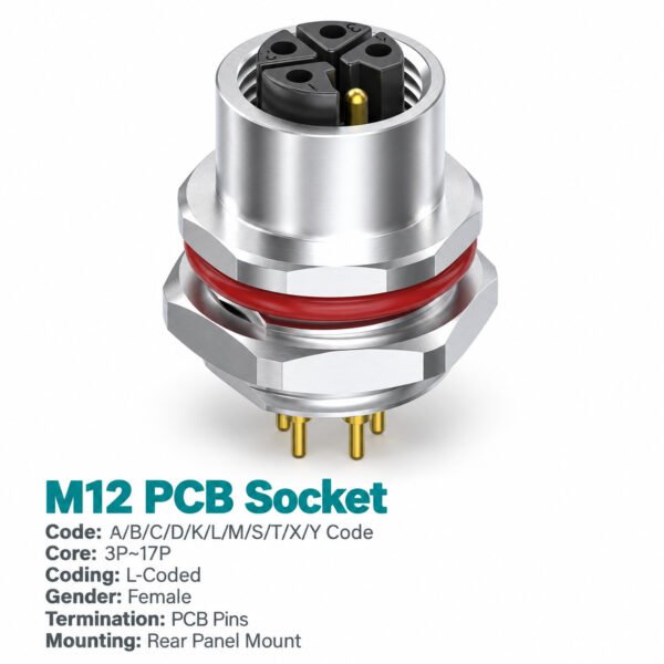 M12 L-Coded Male Rear Mount PCB Power Connector, 16A 63V DC, FE Options