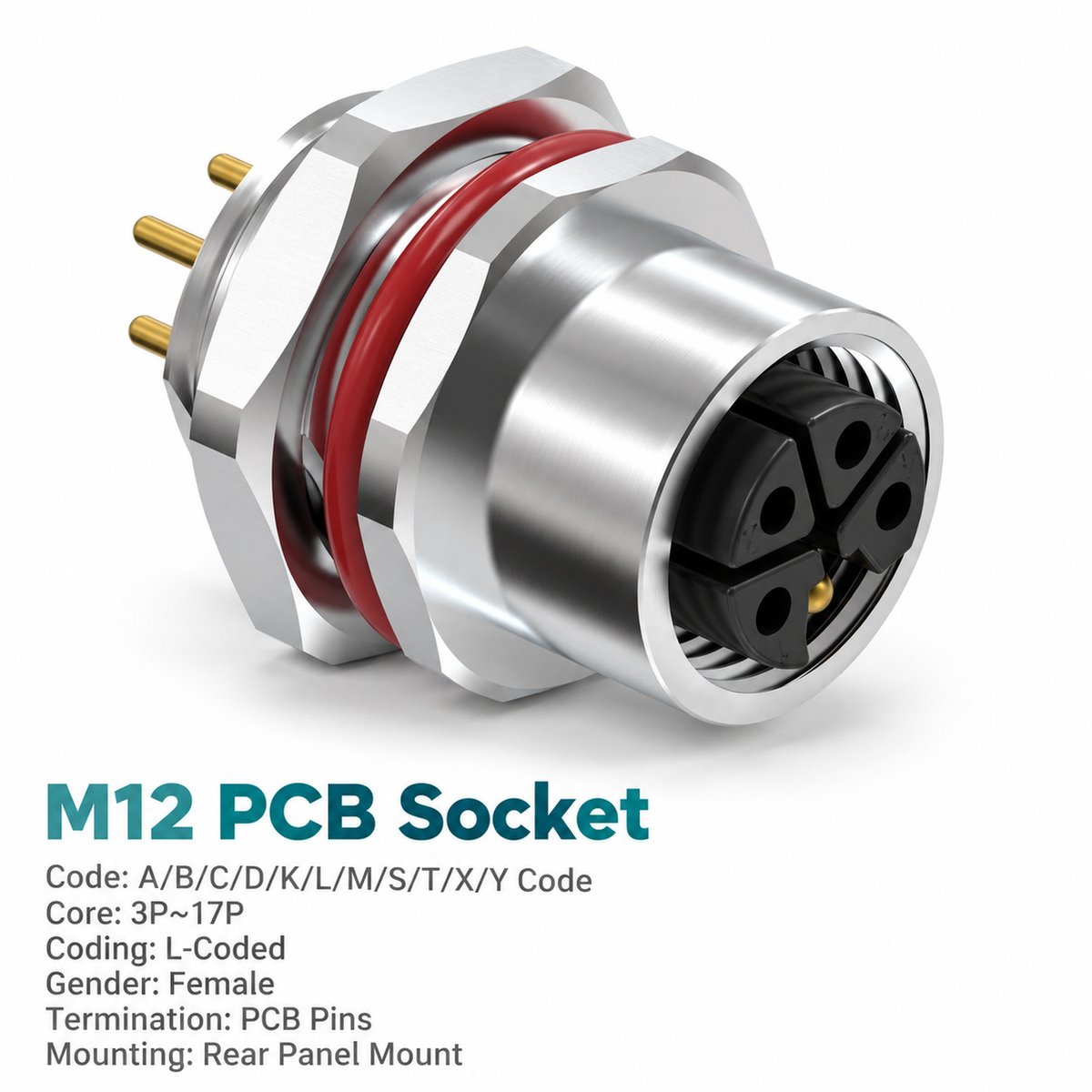 M12 L-Coded Male Rear Mount PCB Power Connector, 16A 63V DC, FE Options M12 L-Coded Male Rear Mount PCB Power Connector, 16A 63V DC, FE Options - Image 3