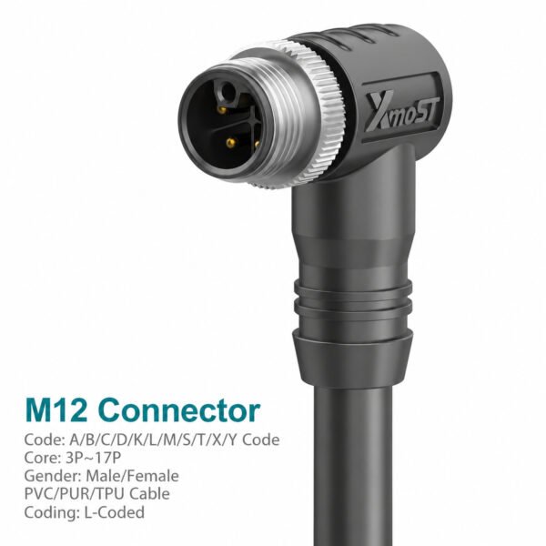M12 L-Coded Male 90° Right-Angle Shielded DC Power Cable Connector