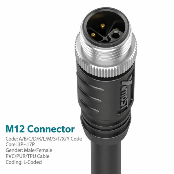 M12 L-Coded Male Straight Shielded DC Power Cable Connector