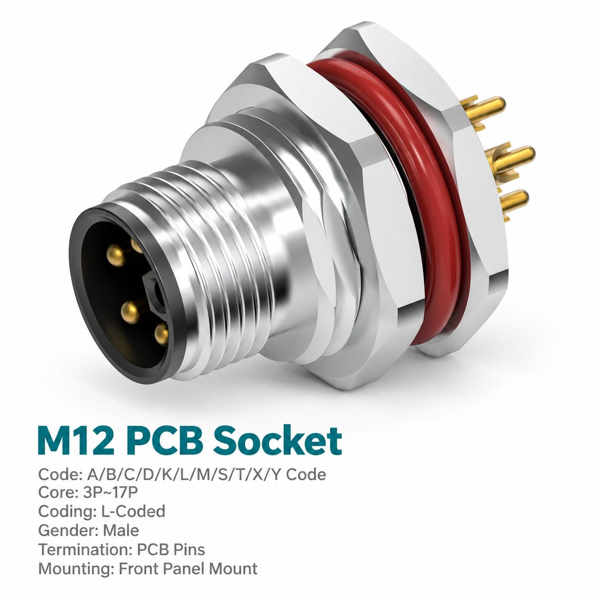 M12 L-Coded Male Front Mount PCB Power Connector, 16A 63V DC, 3–5 Pin M12 L-Coded Male Front Mount PCB Power Connector, 16A 63V DC, 3–5 Pin - Image 2