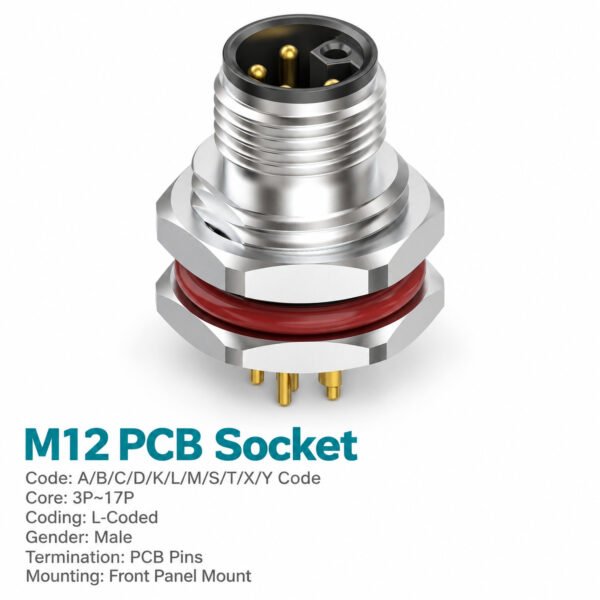 M12 L-Coded Male Front Mount PCB Power Connector, 16A 63V DC, 3–5 Pin