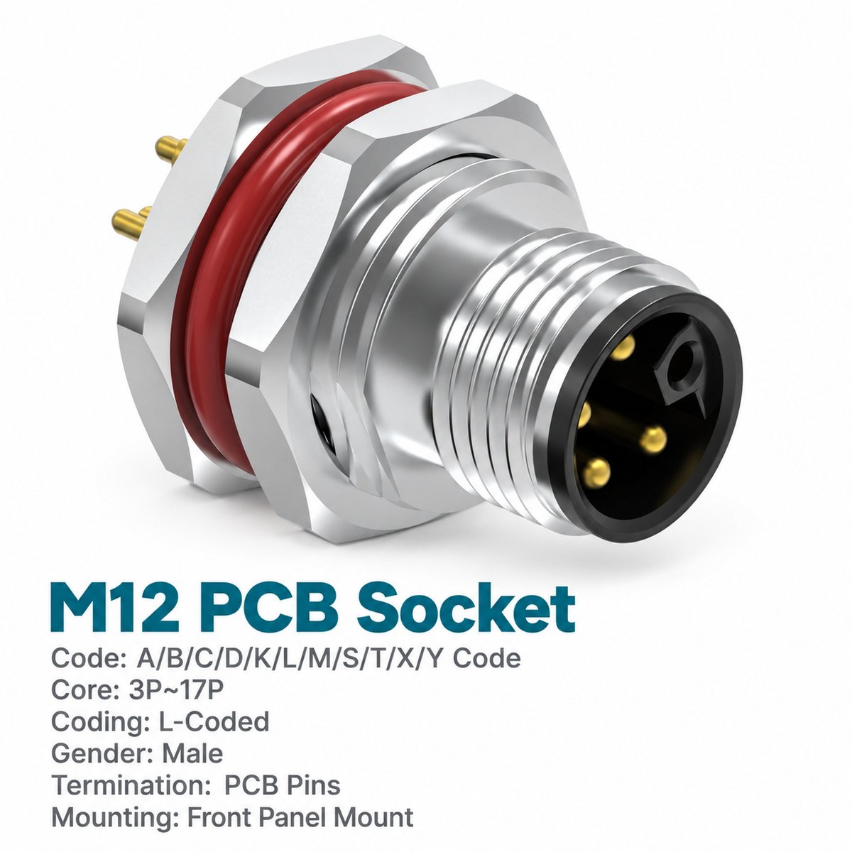 M12 L-Coded Male Front Mount PCB Power Connector, 16A 63V DC, 3–5 Pin M12 L-Coded Male Front Mount PCB Power Connector, 16A 63V DC, 3–5 Pin - Image 3