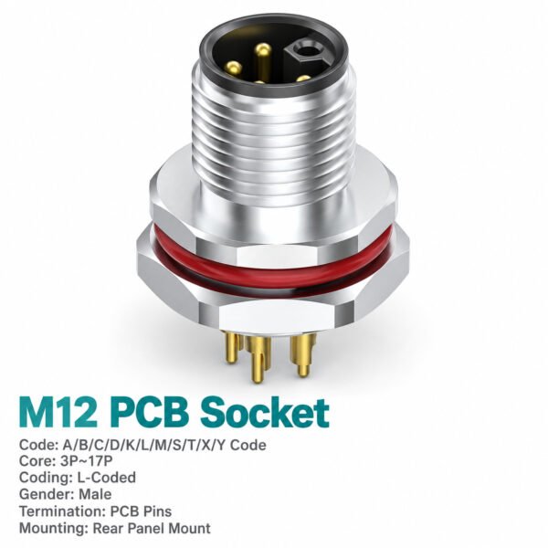 M12 L-Coded Male Rear Mount PCB Power Connector, 16A 63V DC, 3–5 Pin