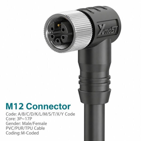 M12 M-Coded Female 90° Right-Angle Shielded AC Power Cable Connector