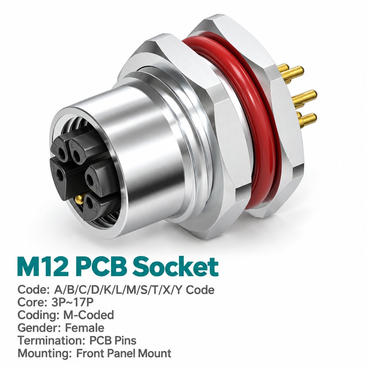 M12 M-Coded Female Front Mount PCB Power Socket, 8A 630V AC, 3–6 Pin M12 M-Coded Female Front Mount PCB Power Socket, 8A 630V AC, 3–6 Pin - Image 2