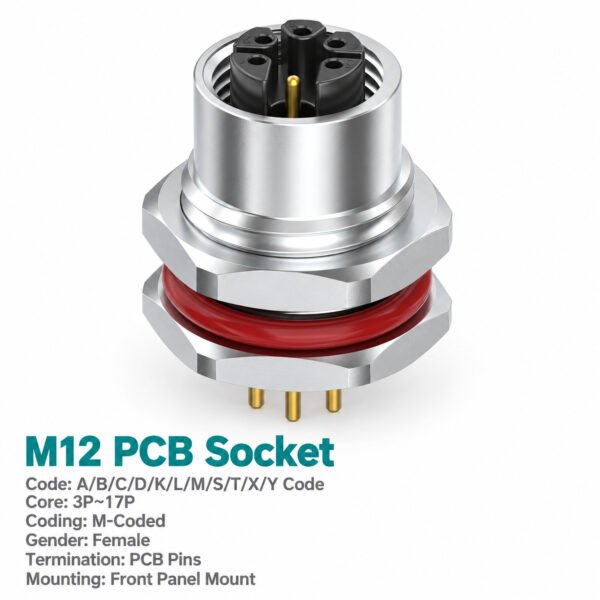 M12 M-Coded Female Front Mount PCB Power Socket, 8A 630V AC, 3–6 Pin