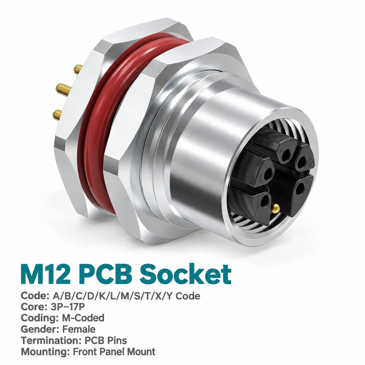 M12 M-Coded Female Front Mount PCB Power Socket, 8A 630V AC, 3–6 Pin M12 M-Coded Female Front Mount PCB Power Socket, 8A 630V AC, 3–6 Pin - Image 3