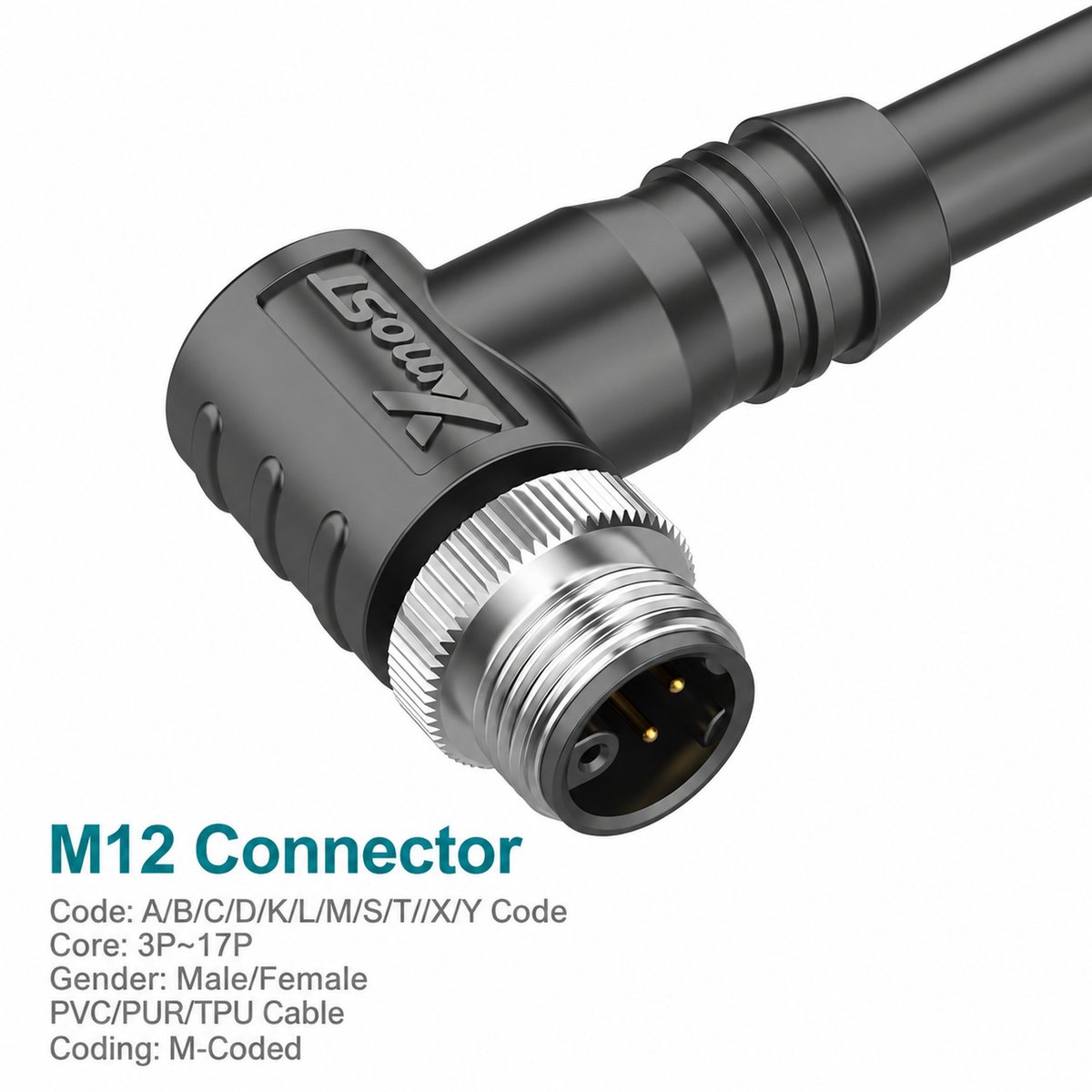 M12 M-Coded Male 90° Right-Angle Shielded AC Power Cable Connector M12 M-Coded Male 90° Right-Angle Shielded AC Power Cable Connector - Image 2