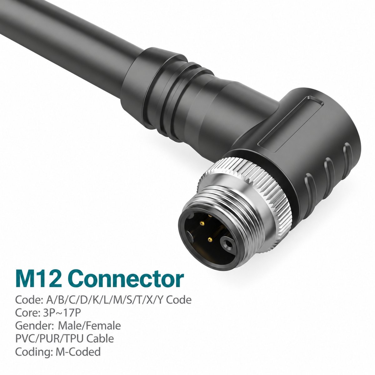M12 M-Coded Male 90° Right-Angle Shielded AC Power Cable Connector M12 M-Coded Male 90° Right-Angle Shielded AC Power Cable Connector - Image 3