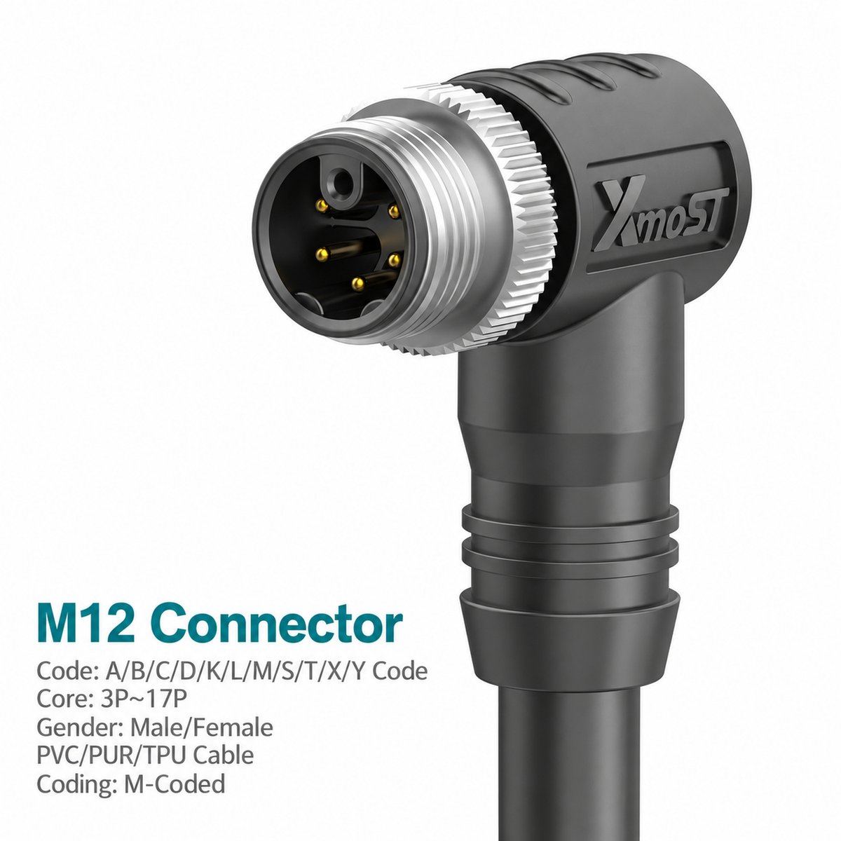M12 M-Coded Male 90° Right-Angle Shielded AC Power Cable Connector M12 M-Coded Male 90° Right-Angle Shielded AC Power Cable Connector