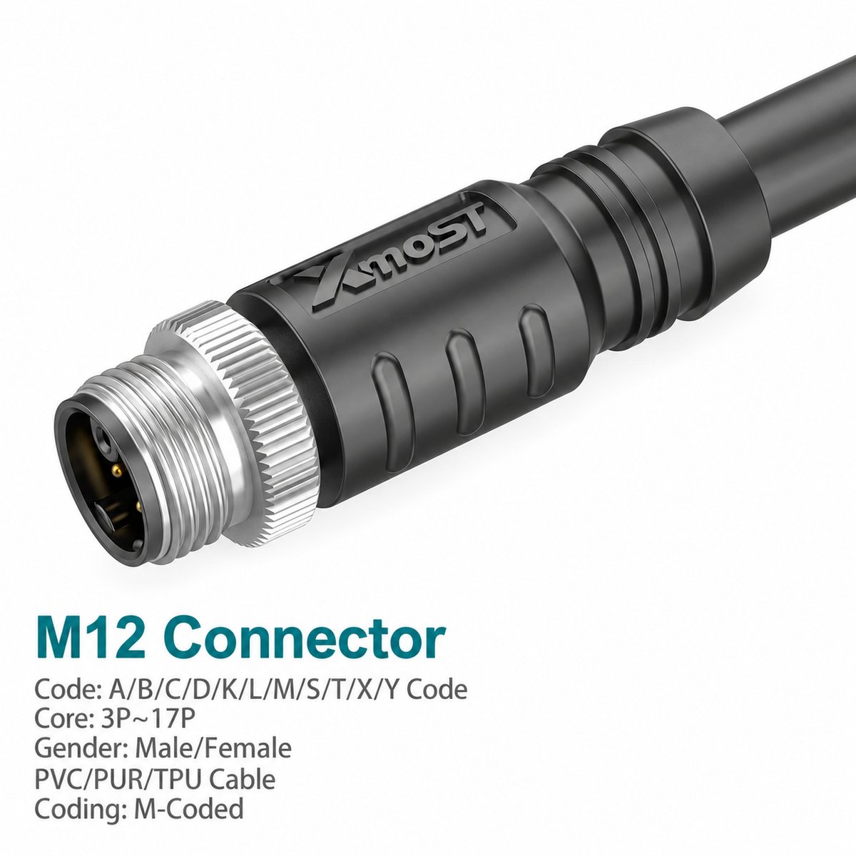 M12 M-Coded Male Straight Shielded AC Power Cable Connector M12 M-Coded Male Straight Shielded AC Power Cable Connector - Image 2