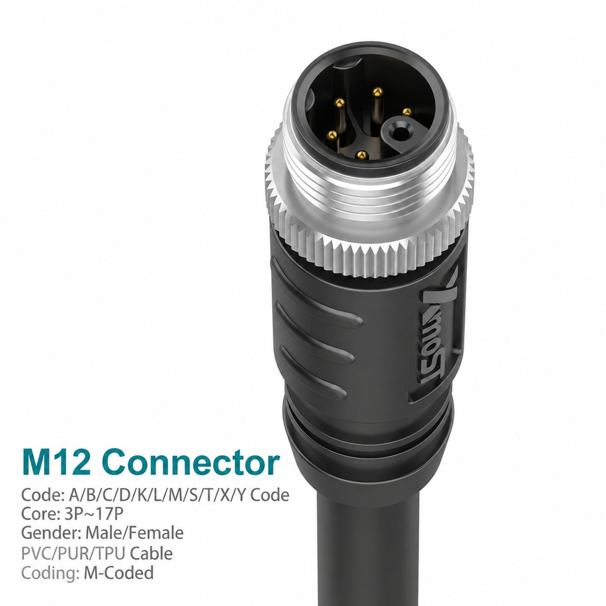 M12 M-Coded Male Straight Shielded AC Power Cable Connector Xmost M12 M-coded male straight shielded AC power cable connector
