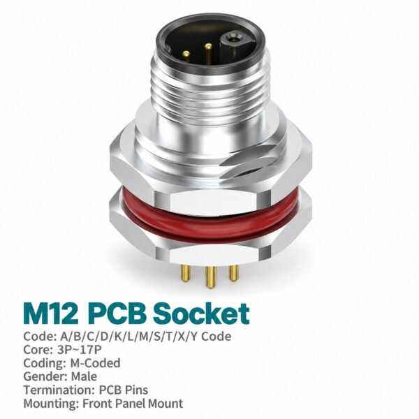 M12 M-Coded Male Front Mount PCB Power Connector, 8A 630V AC, 3–6 Pin