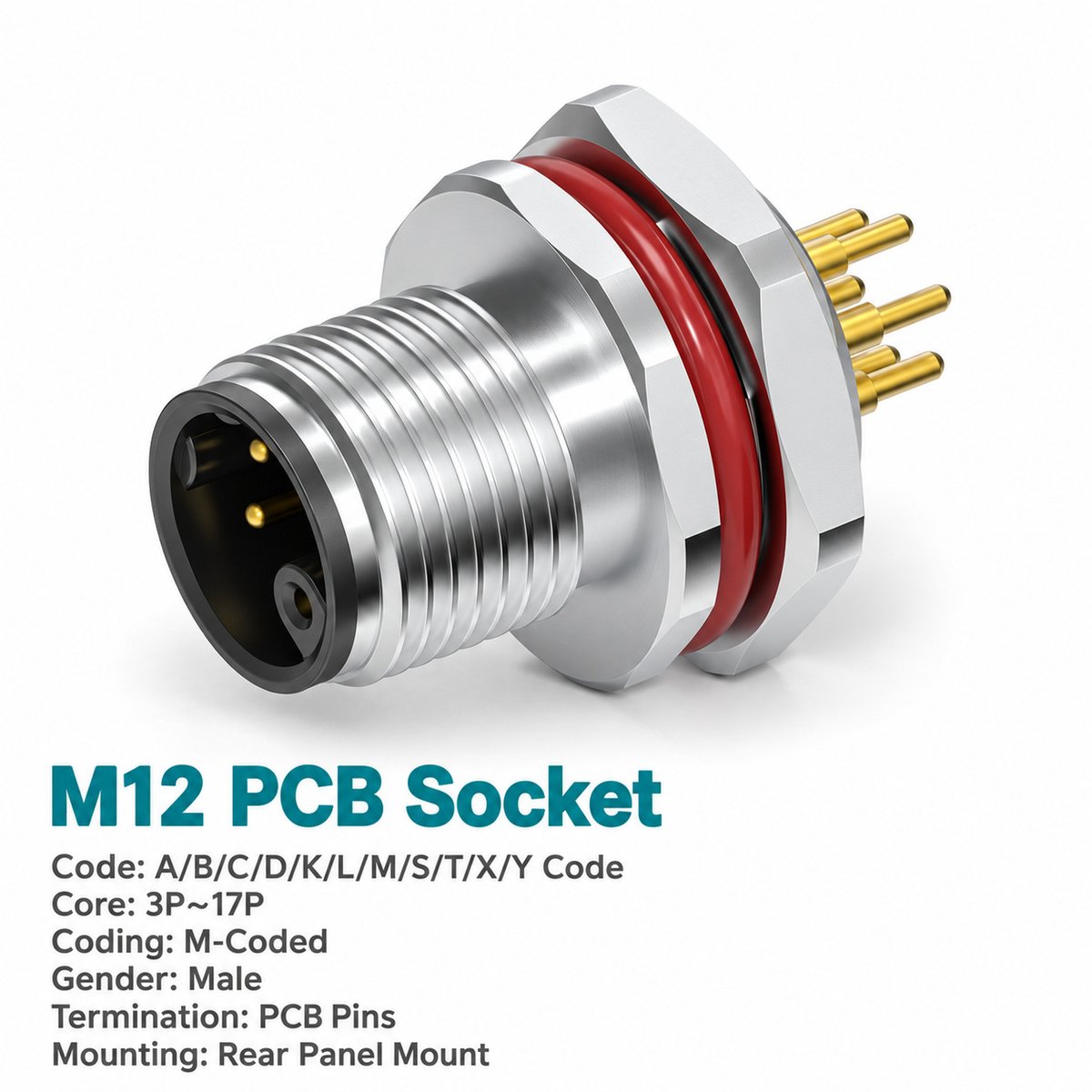 M12 M-Coded Female Rear Mount PCB Power Socket, 8A 630V AC, 3–6 Pin M12 M-Coded Female Rear Mount PCB Power Socket, 8A 630V AC, 3–6 Pin - Image 2