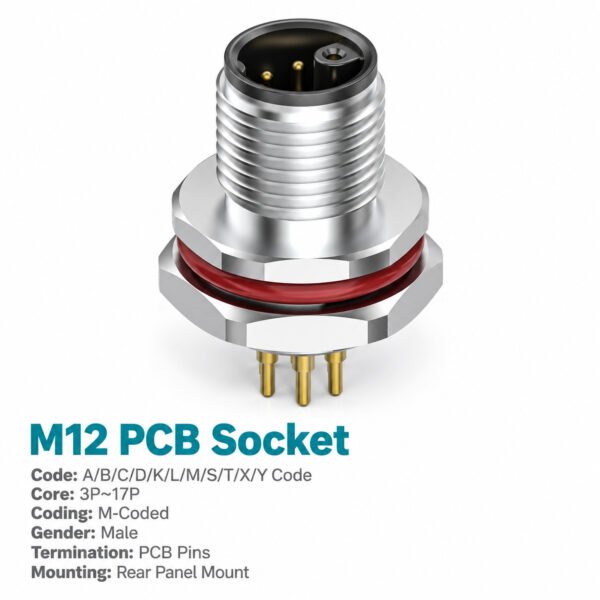 M12 M-Coded Female Rear Mount PCB Power Socket, 8A 630V AC, 3–6 Pin