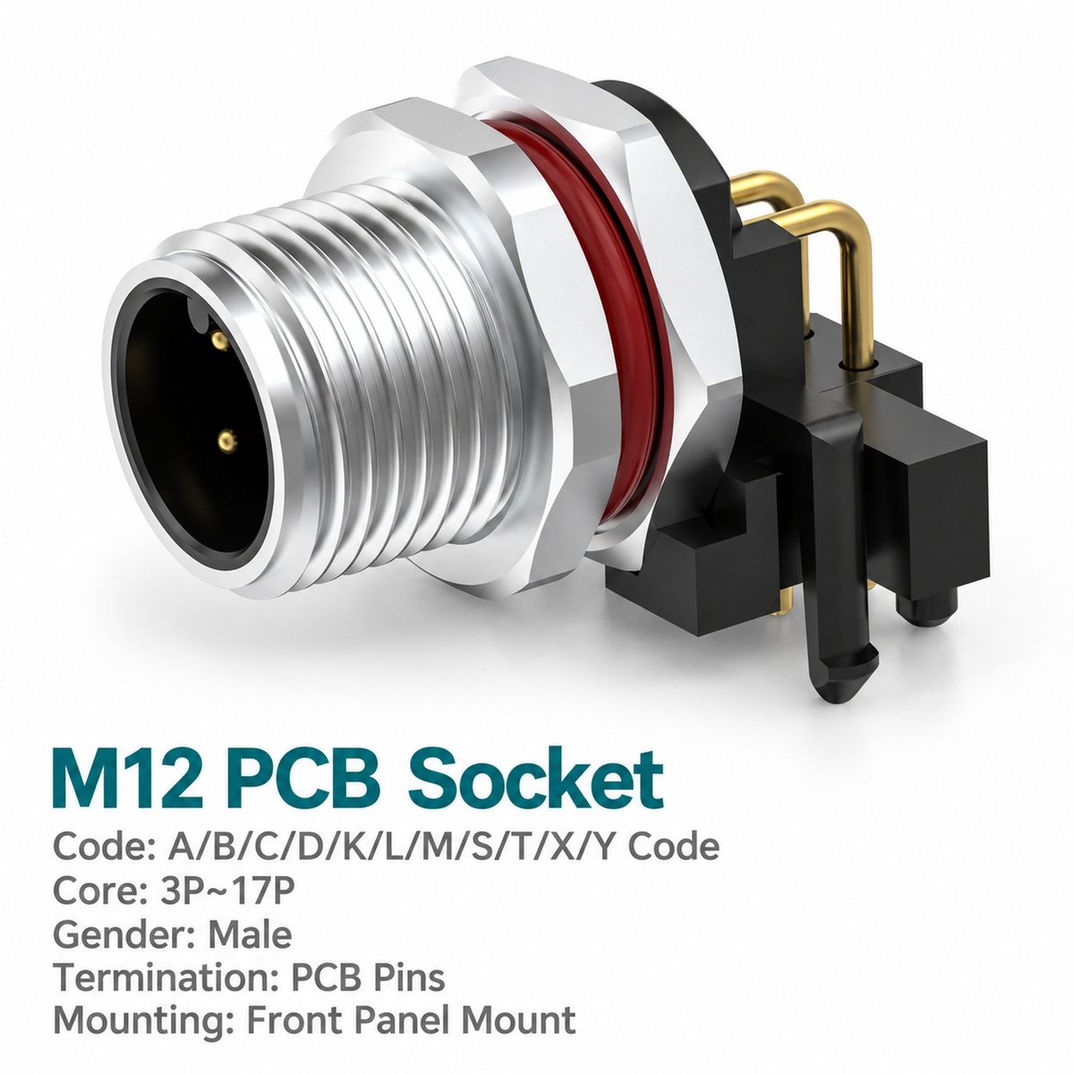 M12 A-Coded Male Front Mount Right Angle PCB Connector, 4–12 Pin, Grounding Options M12 A-Coded Male Front Mount Right Angle PCB Connector, 4–12 Pin, Grounding Options - Image 2