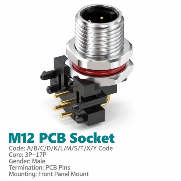 M12 A-Coded Male Front Mount Right Angle PCB Connector, 4–12 Pin, Grounding Options
