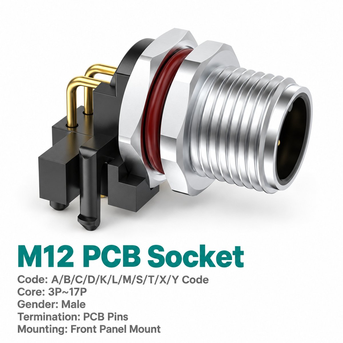 M12 A-Coded Male Front Mount Right Angle PCB Connector, 4–12 Pin, Grounding Options M12 A-Coded Male Front Mount Right Angle PCB Connector, 4–12 Pin, Grounding Options - Image 3